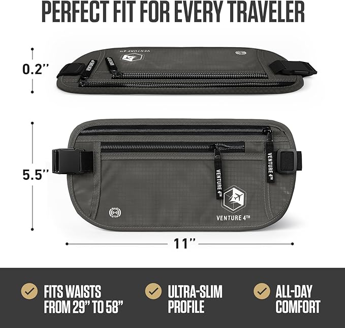 VENTURE 4TH Money Belt for Travel – Hidden Under-Clothes RFID Blocking Passport Holder & Slim Travel Wallet Pouch for Men & Women to Protect Cash, Cards & Documents (Gray)
