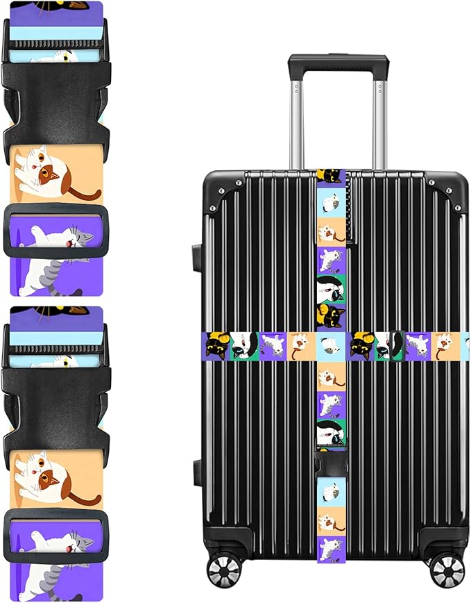 Nuxovilar Luggage Straps of 2 Set Cartoon Cats Pattern, 1.96x90.5 inches - Luggage Straps for Suitcases, Perfect for Pet Lovers, Family Trips, Casual Travel