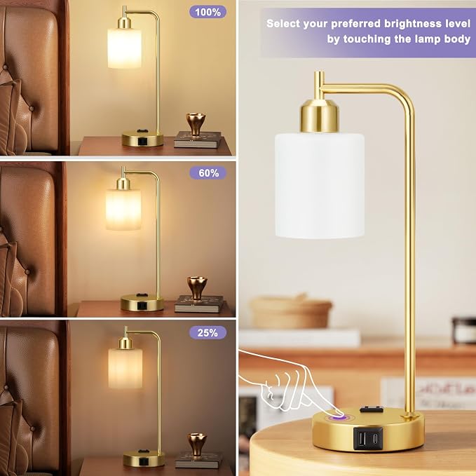 Innqoo Industrial Gold Table Lamps for Bedrooms Set of 2-3-Way Dimmable Desk Lamp with USB C+A Ports and Outlet, Gold Lamps with Opal Glass Shade for Living Room, Desk Lamps for Home Office