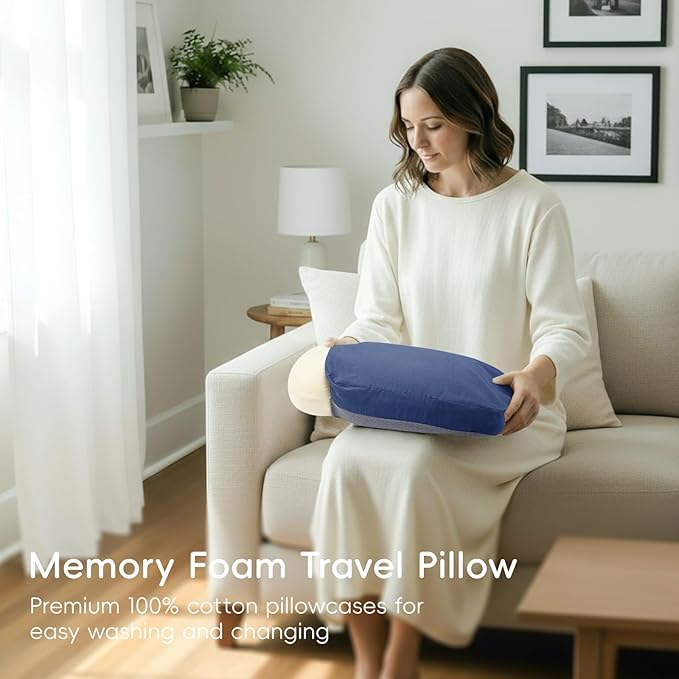 4-in-1 Travel Pillow & Blanket Set with Eye Mask, Memory Foam Neck Support, 50x65 Inch Blanket, Storage Bag for Airplane, Car, Train, Home Travel Blue