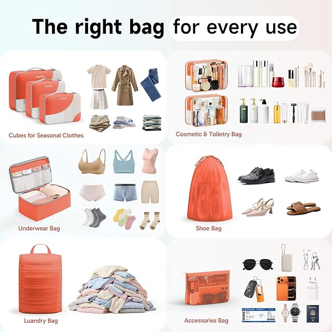 11 Set / 9 Set Packing Cubes for Travel,Gifts for Women Mom Kids,TSA Approved Bags for Makeup, Cosmetic, Toiletry, Organizers for Suitcase Carry On, Cruise Essentials Airplane Accessories,Orange