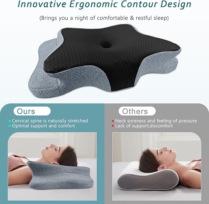 Cervical Pillow for Neck Pain Relief, Memory Foam Pillows, Ergonomic Contour Bed Pillow, Soft for Side Sleep Stomach Sleeping and Back Sleepers-Queen Size Black&Dark Grey
