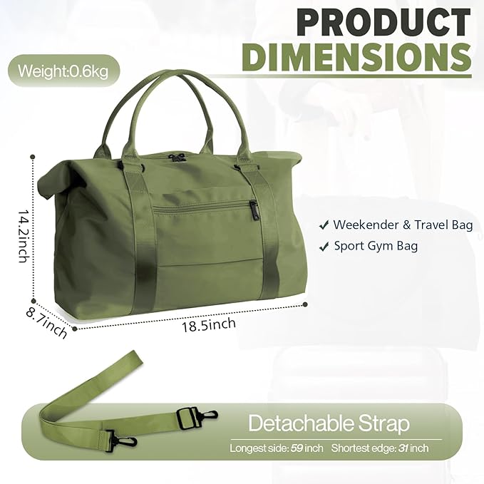 Travel Duffle Bag, Weekender Travel Bag Men Small Gym Bag for Women, Hospital Bag for Labor and Delivery, Overnight Bag Luggage Bag with Trolley Sleeve, Airplane Travel Essentials for Flying(Green)