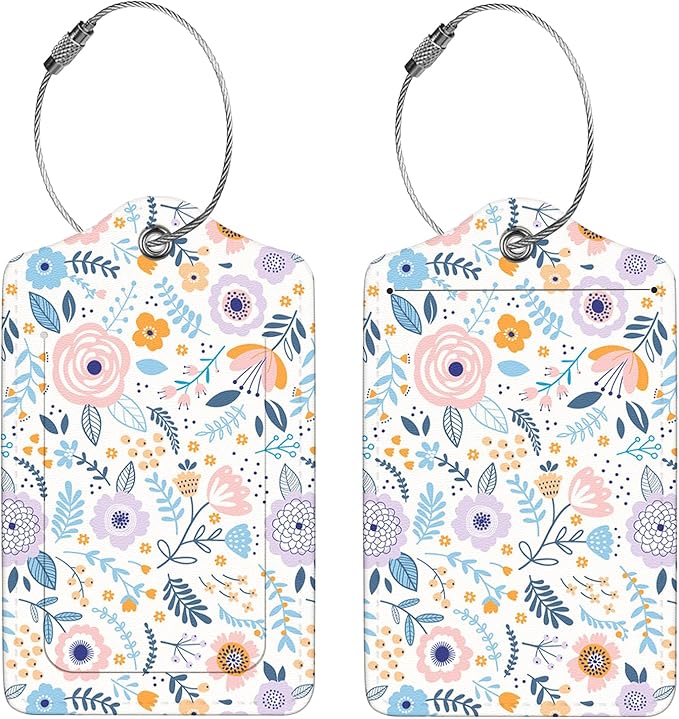 2 Pcs Luggage Tags for Suitcase, Cute Unique PU Leather Travel Bag Tag with Privacy Cover ID Label Address Card and Durable Metal Ring Suitable for Men Women Children Backpack,Colorful Flowers A
