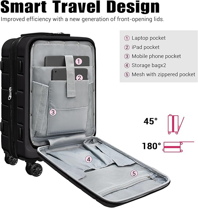SmileLine 3-Piece Luggage Set Lightweight Hardside Suitcase TSA Lock Spinner Wheels, 20" Expandable Carry-On Luggage with Quick Access Front Open Pocket, Bonus Makeup Bag,Black