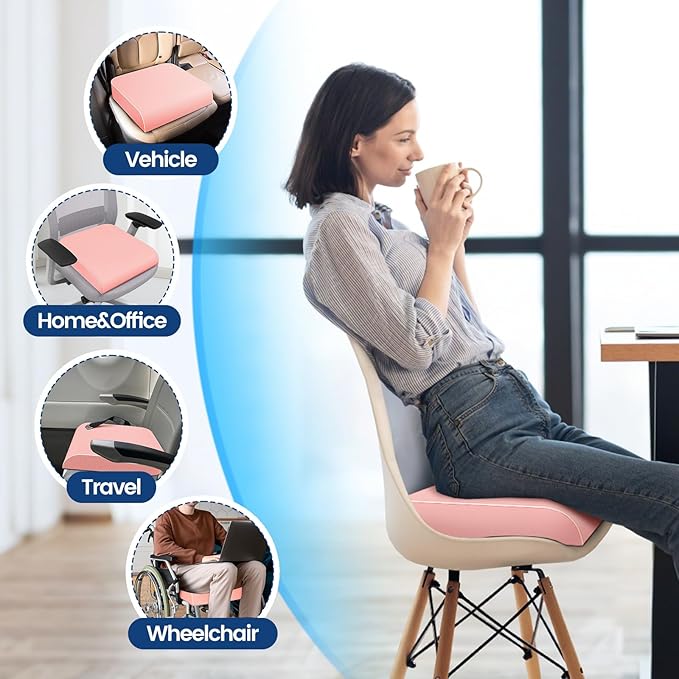 Seat Cushion for Tailbone Pain Relief, Office Chair Cushion, Memory Foam Large Chair Cushion with Non-Slip Cover for Soft Support at Office Chair, Car Seat, Airplane Pink/2X-Large