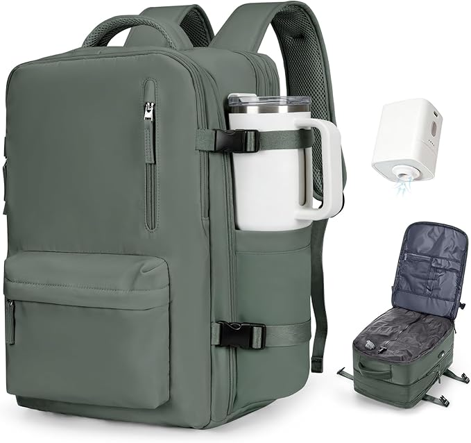 VECAVE Vacuum Backpack Travel with Pump, Expandable Personal Item Carry on Backpacks for Women Men, Laptop Waterproof Work Compression bags with USB Casual Daypack Green