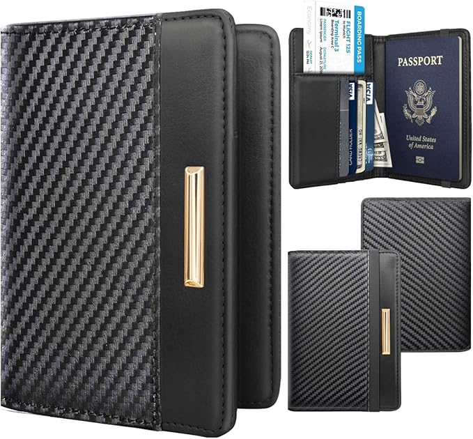 Passport Holder Cover RFID Blocking Slim Minimalism Travel Wallet Carbon Fibre Card Organizer,Black