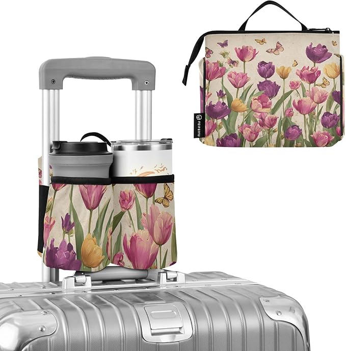 Luggage Cup Holder for Suitcases Free Hands Travel Cup Holder Portable Suitcase Cup Drink Holder Luggage Cup Caddy Bag Carrier Vintage Beige Spring Tulips Butterflies