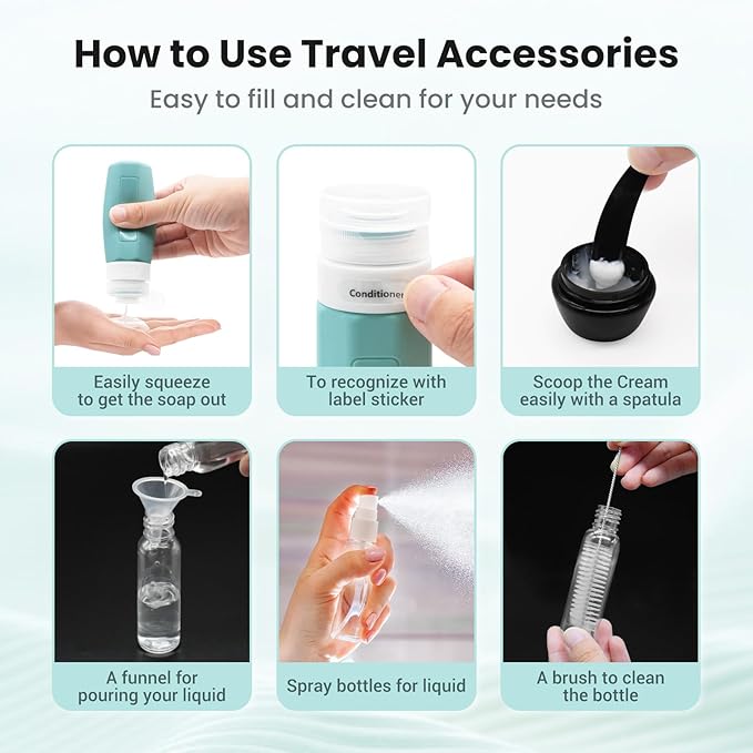 17 Pack Travel Bottles - TSA Approved Travel Size Toiletries, Leak Proof Containers for Toiletries, Silicone Squeezable Container for Shampoo, Body Wash, Lotion & Conditioner - Blue