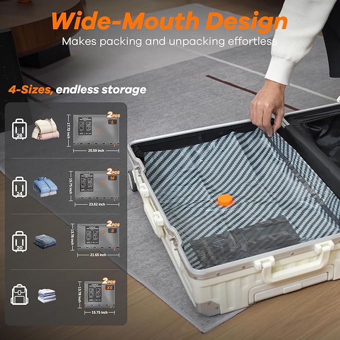 Travel Vacuum Storage Bags with Wireless Rechargeable Electric Pump, 8 Pack Travel Essentials Vacuum Seal Bags for Clothing, Space Saver Compression Packing Bags for Luggage, Suitcase, Backpack, Home