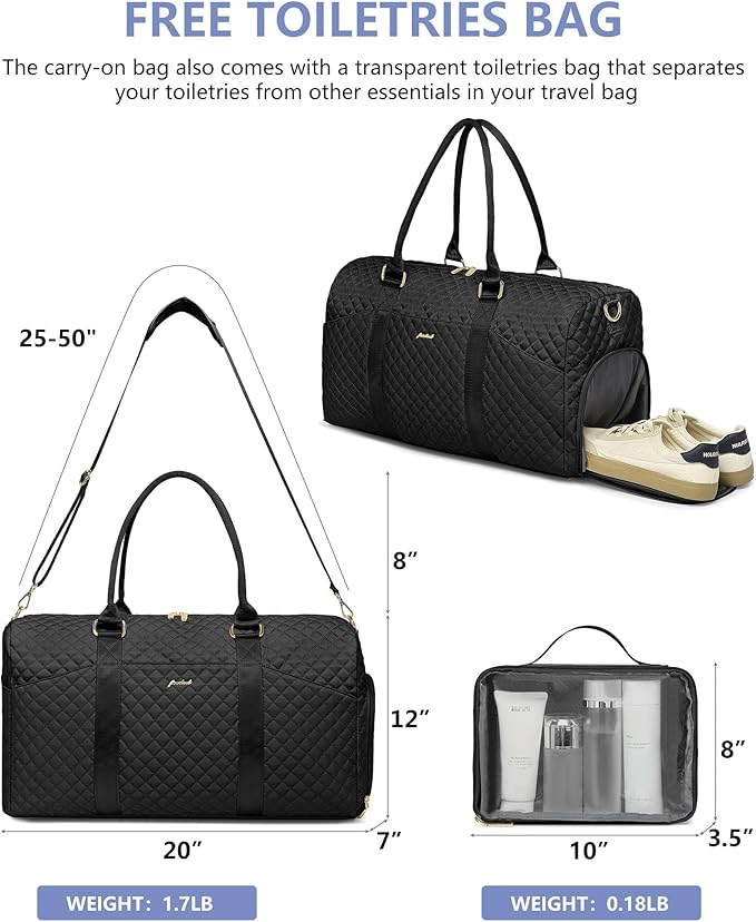 Travel Duffle Bag for Women - Weekender Bags with Shoe Compartment Large Carry on Overnight Tote Bag with Toiletry Bag Traveling Yoga Gym Bags with Wet Pocket Mommy Hospital Bag Black
