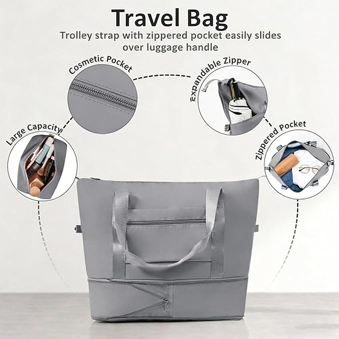 4-Piece Luggage Set, Suitcase with TSA Lock Travel Duffel Bag Wet-Dry Toiletry Bag, Grey