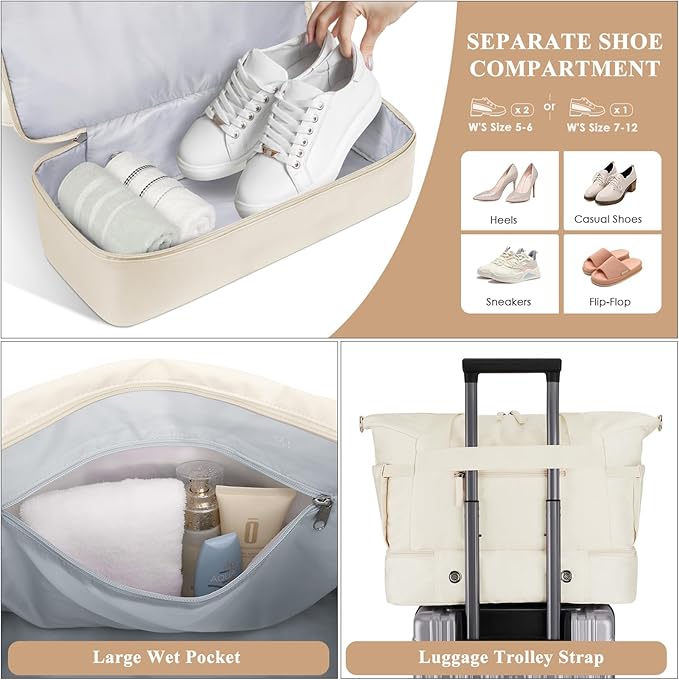ETRONIK Gym Bag for Women, Personal Item Travel Bag with Shoes Compartment, Weekender Overnight Duffel Bag with Wet Pocket, Carry On Bag for Women, Travel, Gym, Weekend (Beige)