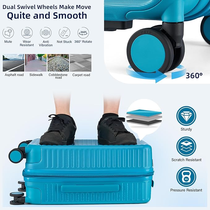 HanTrip 28 Inch Luggage Hard Shell Suitcases, Expandable Travel Checked Luggage 28 Inch, Large Check In Luggage with Spinner Wheels Cup Holder Charger Built in Lightweight Suitcase, Caribbean Blue