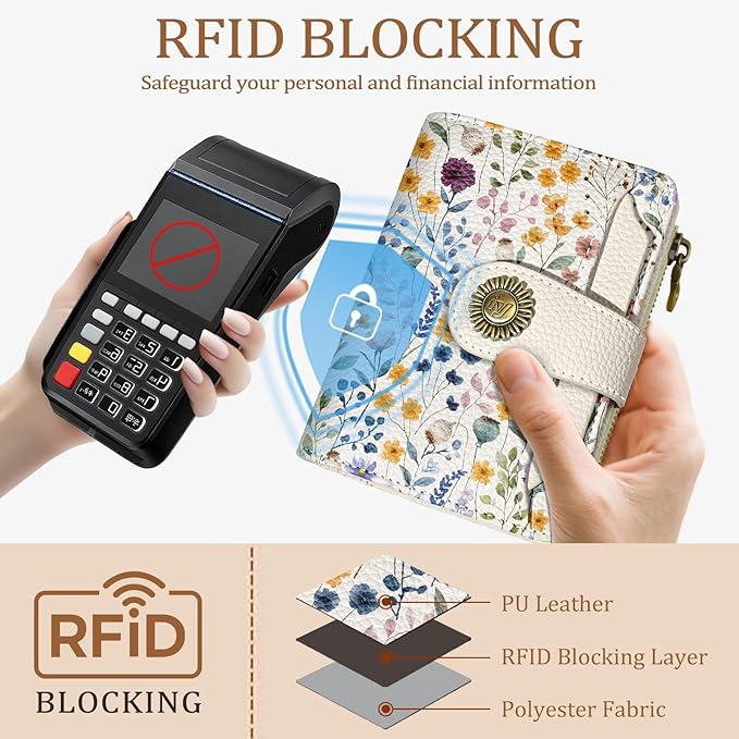 Icycay Floral Flowers Small Wallet Women RFID Blocking Bifold, Credit Card Holder, Zipper Coin Pocket, PU Leather, Compact, Travel, 4 ID Window, 14 Card Slots, Cash Purse, Ladies Woman Female Girls