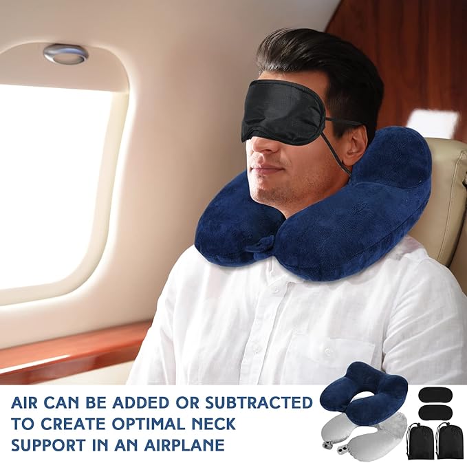 Sintuff 2 Pack Inflatable Travel Pillow for Airplanes Inflatable Neck Flight Pillows with Compact Bag and Blindfold for Traveling, Airplane, Train, Car, Office (Light Gray and Dark Blue)