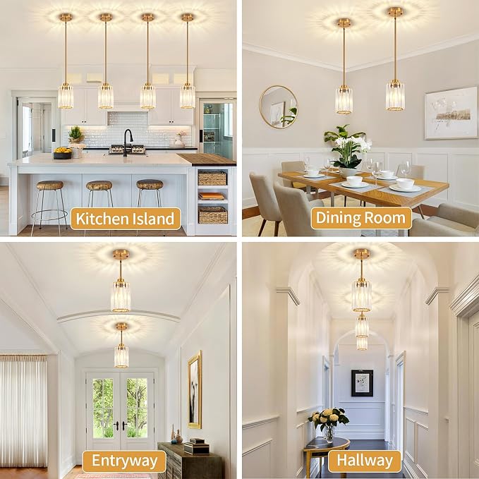2 Pack Brushed Gold Pendant Light Fixtures Modern Crystal Kitchen Lighting | Hanging Hallway Entryway Ceiling Lights, Adjustable Height Mini Pendant Lights for Dining Room Bathroom Bedroom Above Sink