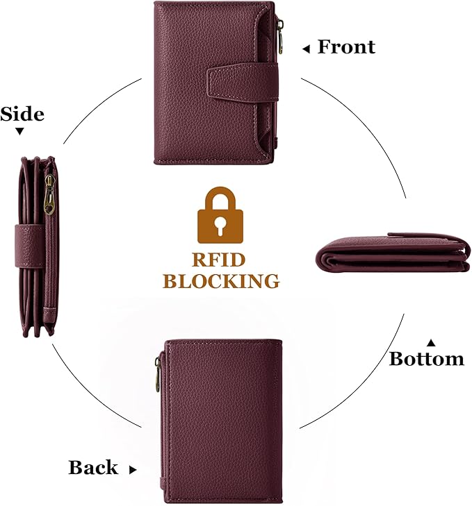 Airkit Small Wallet Women RFID Blocking Soft Leather Bifold Compact Card Holder Wallet for Women with Zipper Coin Pocket 4 ID Window
