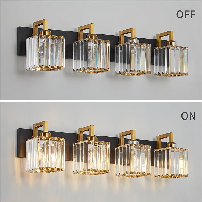 Modern Bathroom Vanity Light 4-Lights Black Gold Crystal Wall Lamp Bathroom Modern Crystal Vanity Lighting