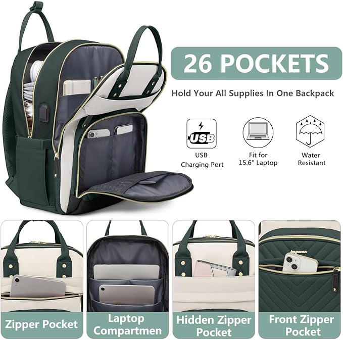 Laptop Backpack for Women Work Bag - 15.6 inch Travel Backpack with USB Charger Business Computer Backpacks for Work College Back pack for Teacher Casual Waterproof Bookbag for Nurses Beige Green