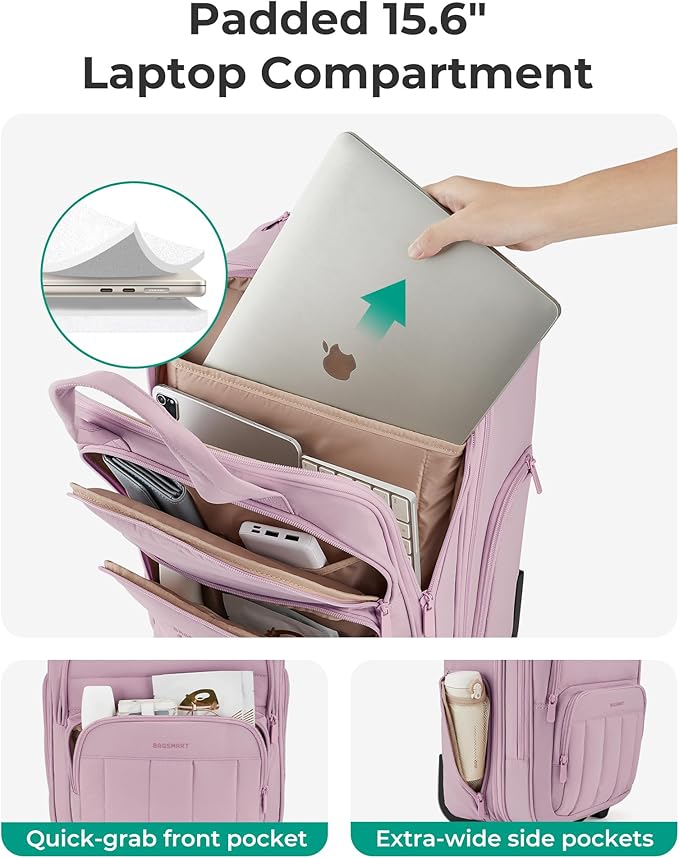 BAGSMART Small Underseat Carry on Luggage with Wheels, 16 inch Small Under Seat Luggage, Lightweight Travel Suitcase for Women, Mist Purple