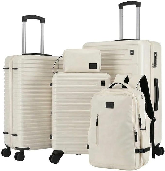 Hoteel Luggage Sets 5 Piece, 4-Year Warranty, Carry-On Luggage with Dual-Spinner Wheels, PC+ABS Hardside Suitcase Set with TSA Lock, Durable Large Suitcase, Beige(20/24/28/DB/TB)