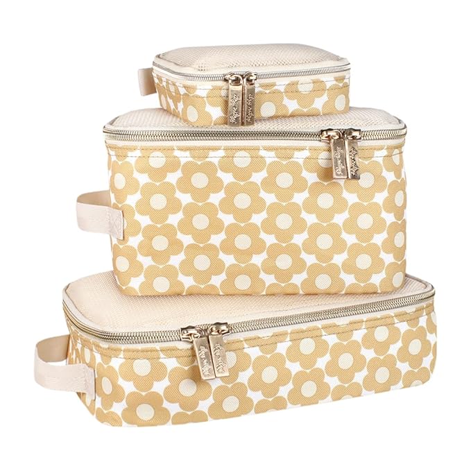 Itzy Ritzy Packing Cubes for Travel – Set of 3 Packing Cubes or Travel Organizers – Each Cube Features a Mesh Top, Double Zippers and a Fabric Handle (Milk & Honey)