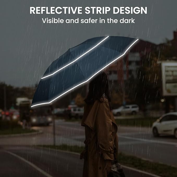 G4Free 54/62 Inch Windproof Inverted Umbrella with Reflective Stripe Large Compact Reverse Golf Umbrella for Rain 10 Ribs Double Canopy Travel Umbrella Automatic Open Close