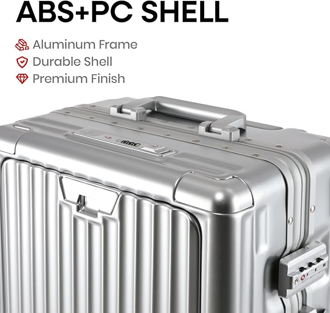 20 Inch Aluminium Frame Carry On Luggage Airline Approved With laptop compartment, Zipperless Hard Shell Travel Suitcase with TSA Approved Cup Holder USB Port Holder for Women Men,Silver
