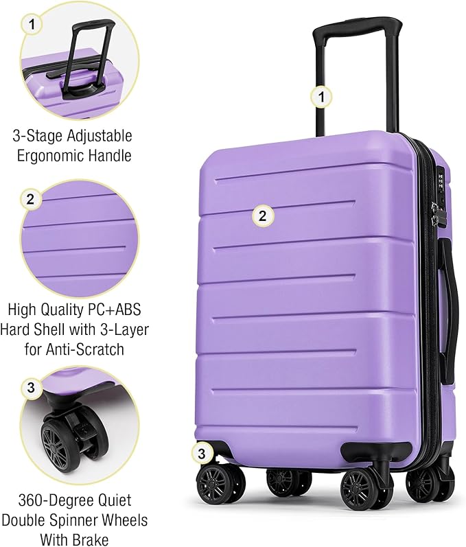KYME Carry On Luggage 22x14x9 Airline Approved with TSA Lock Hardshell Expandable 20 Inch Suitcase Carry On Suitcase with Wheels Small Travel Rolling Luggage with Cup Holder for Women Lt Purple