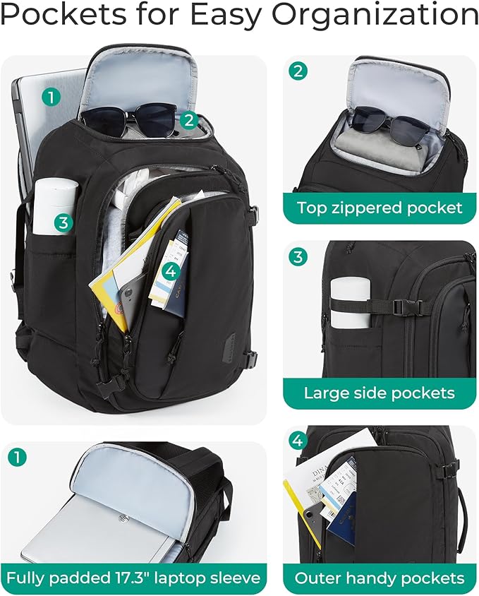 BAGSMART Travel Backpack Carry on Flight Approved, 28L Lightweight Backpack Fits 17.3 Inch Laptop for Men Women, Water Resistant Personal Item Travel Bag with USB Charging Port, Black