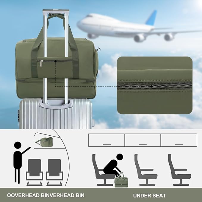 Carry On Travel Duffel Bag for Women & Men,Overnight Weekender Bag with Shoe Compartment,Trolley Sleeve and Adjustable Shoulder Strap,Business & Weekend Travel,Gym,Sports,Yoga & Dance (Green)