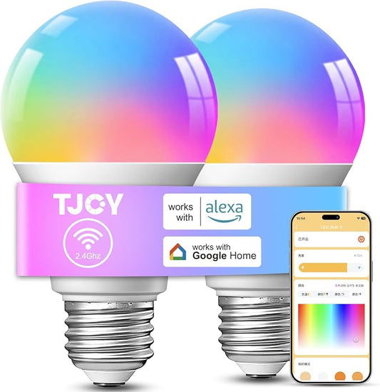 TJOY 2Pack Smart Light Bulb, WiFi RGB Bulbs, Work with Alexa Google Home | Color Changing Light Bulbs with Music Sync, App Control, 2700K-6500K, 2.4Ghz WiFi only