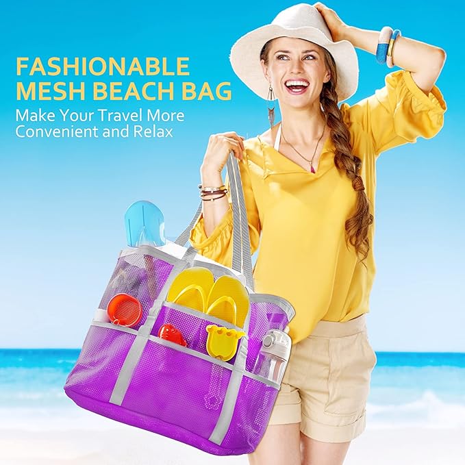 SRISE Mesh Beach Bag - Large Beach Tote Bag for Family Beach Bag for Toys & Vacation Essentials