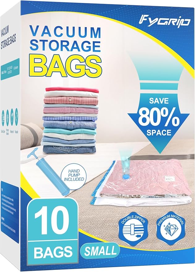 Vacuum Storage Bags with Hand Pump, Plastic Packaging Bags, 80% Space Saver Vacuum Seal Bags for Clothing, Travel Lugggage, Blankets, Comforters, 10 Small