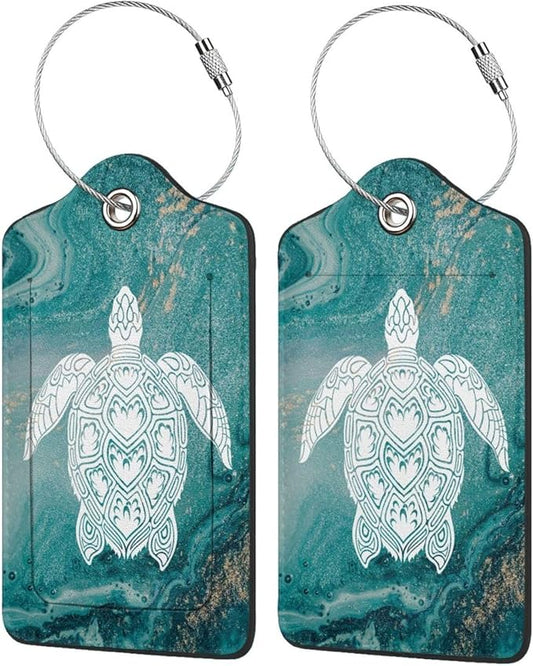 2 Pack Luggage Tag Green sea Turtle Travel PU Cute Leather Luggage Tag Name ID Labels with Privacy Cover Suitcases Women Men Girls Boys Fun Laggage Tags (Green sea Turtle)