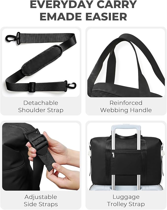 Percover Weekender Travel Duffel Bag for Women, Lightweight Soft-Structure 33L Carry-On, Water-Resistant Nylon with Shoulder Strap & Trolley Sleeve, Personal Item Friendly, Midnight Black