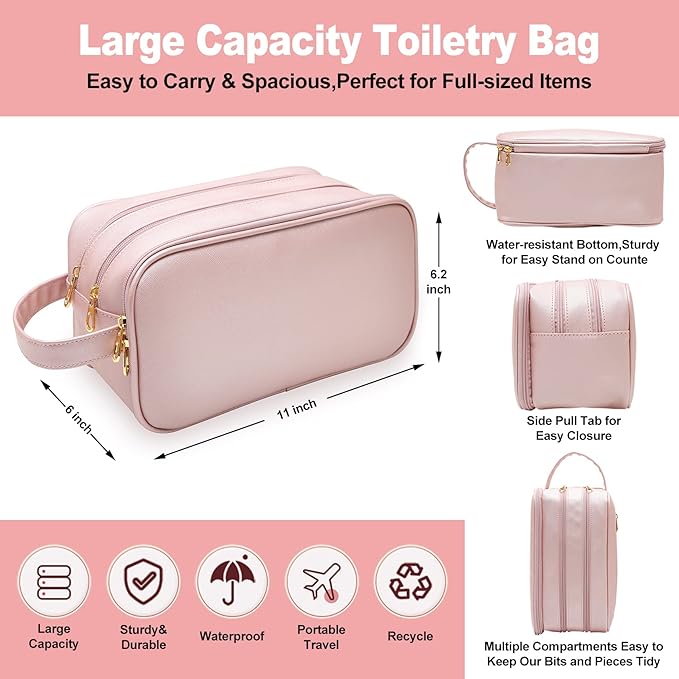 BAIMAY Large Toiletry Bag for Women, Pink Travel Makeup Organizer, Water-Resistant Cosmetic Dopp Kit with Compartments, Ideal Gift for Girls & College Dorm Essentials