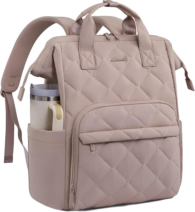 LOVEVOOK Laptop Backpack for Women, 15.6 inch Work Travel Backpack Purse, Puffer Quilted Laptop Backpack Casual Daypack for Nurse Teacher，Nude Pink