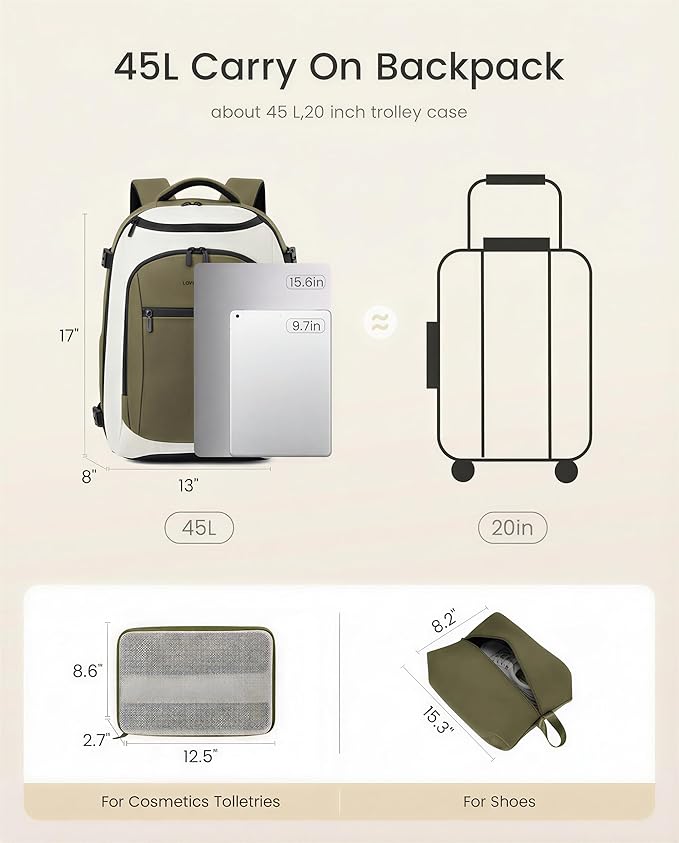 LOVEVOOK 40L Travel Backpack for Women & Men,Airline Approved Carry On Backpack with 3 Packing Cubes,TSA Waterproof Personal Item Bag,Weekender Overnight Essentials Backpacks fits 18" Laptop