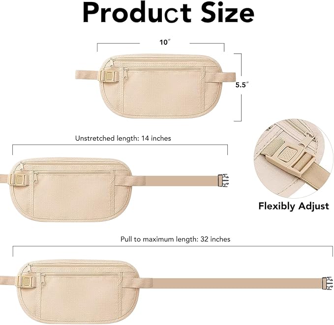 Money Belt for Travel with Anti-Theft RFID Blocking Cards Cover, Phone Wrist Strap, Passport Holder, Slim Waist Wallet Men Women, Money Pouch under Clothes for Travel, Running, Hiking, Beige