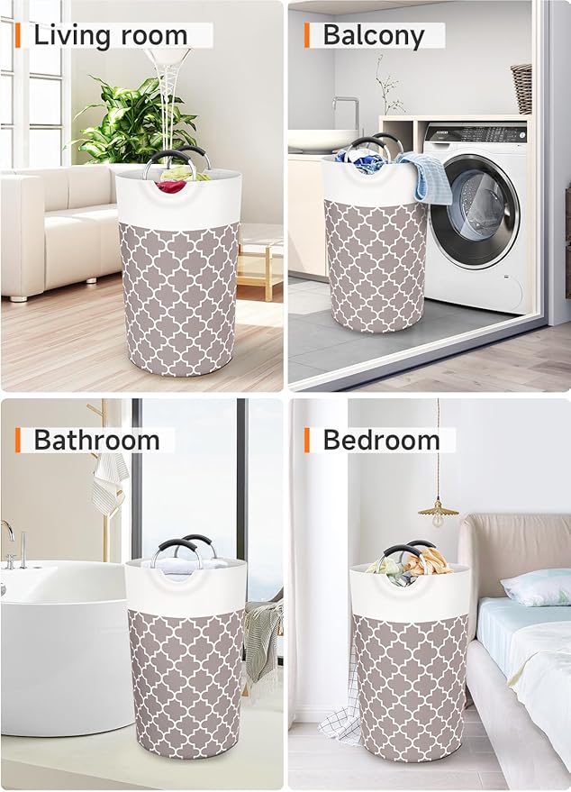 Large Laundry Basket Laundry Hamper Bag Washing Bin Clothes Bag Collapsible Tall with Handles Waterproof Travel Bathroom College Essentials Storage for College Dorm, Family (Khaki) 82L