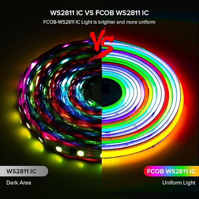 BTF-LIGHTING WS2811 Smart IC RGB FCOB COB LED Strip, UL Listed 630LEDs/m High Density Color Chasing Uniform Light, DC12V 32.8FT 10mm Width Tape Light for Home Party DIY Decor(No Adapter or Controller)