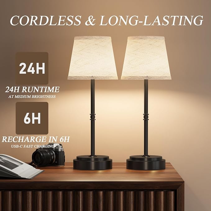 Cordless Table Lamps 2 Pack, Rechargeable Battery Operated Lamps, Black | 2 Pack, 6000mAh Per lamp, 4H Charge, 12-36H Runtime, Touch Dimming