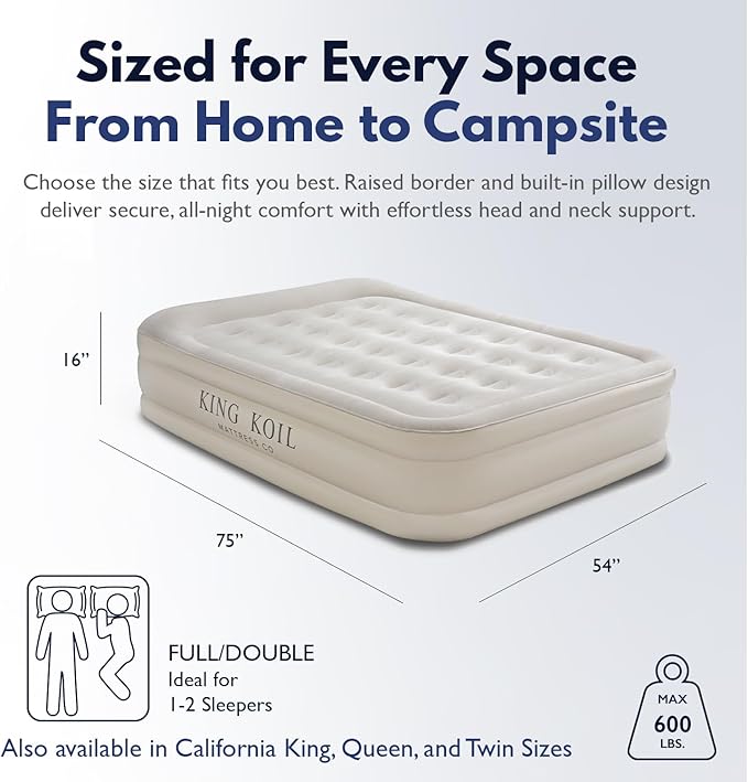 King Koil Luxury Air Mattress Full Size Beige with Built-in Pump for Home, Camping & Guests-Inflatable Airbed Luxury Double High Adjustable Blow Up Mattress, Durable - Portable and Waterproof