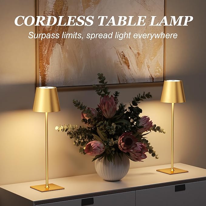 Kakanuo Gold Cordless Rechargeable Table Lamp 5000mAh Battery Operated Lamps, 3 Colors Stepless Dimming Touch Lamp for Living Room, Kitchen Counter, Dining, Outdoor Patio, 2 Pack