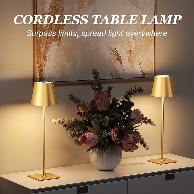 Kakanuo Gold Cordless Rechargeable Table Lamp 5000mAh Battery Operated Lamps, 3 Colors Stepless Dimming Touch Lamp for Dining, Living Room, Outdoor Patio, Kitchen Counter, 4 Pack