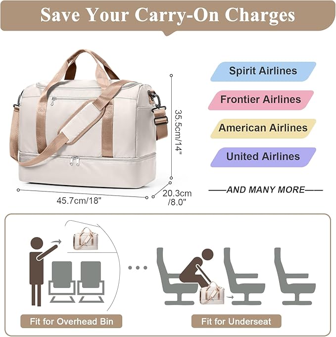 Travel Duffel Bag for Women, Carry-on Overnight Weekender Bags with Wet Pocket & Toiletry Bag, For Spirit Airlines 18x14x8 Personal Item Bag,Small,Beige & Brown