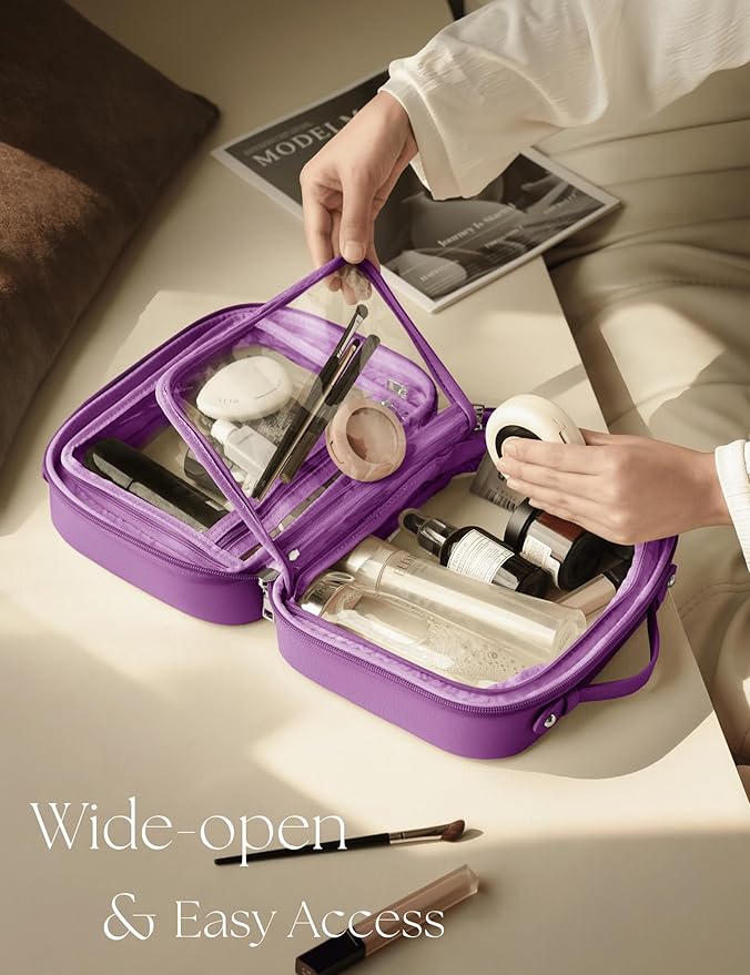 Clear Cosmetic Bag Double Layer Travel Toiletry Bag Clear Makeup Bag Case with 4 Compartments, Transparent Travel Bag for Toiletries, Large Toiletry Bag for Women Cosmetic Case (Purple, Large)